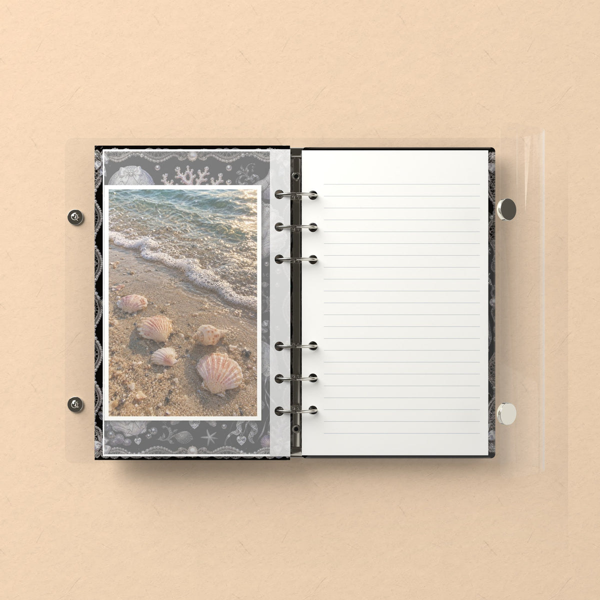 Inside: a photo sleeve and a lined refill page