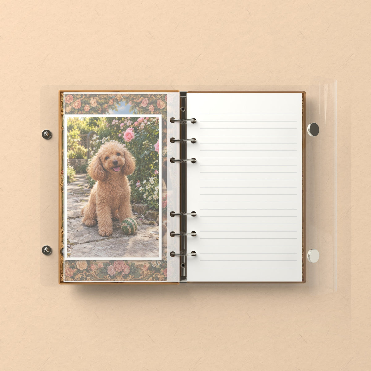 Inside: a photo sleeve and a lined refill page