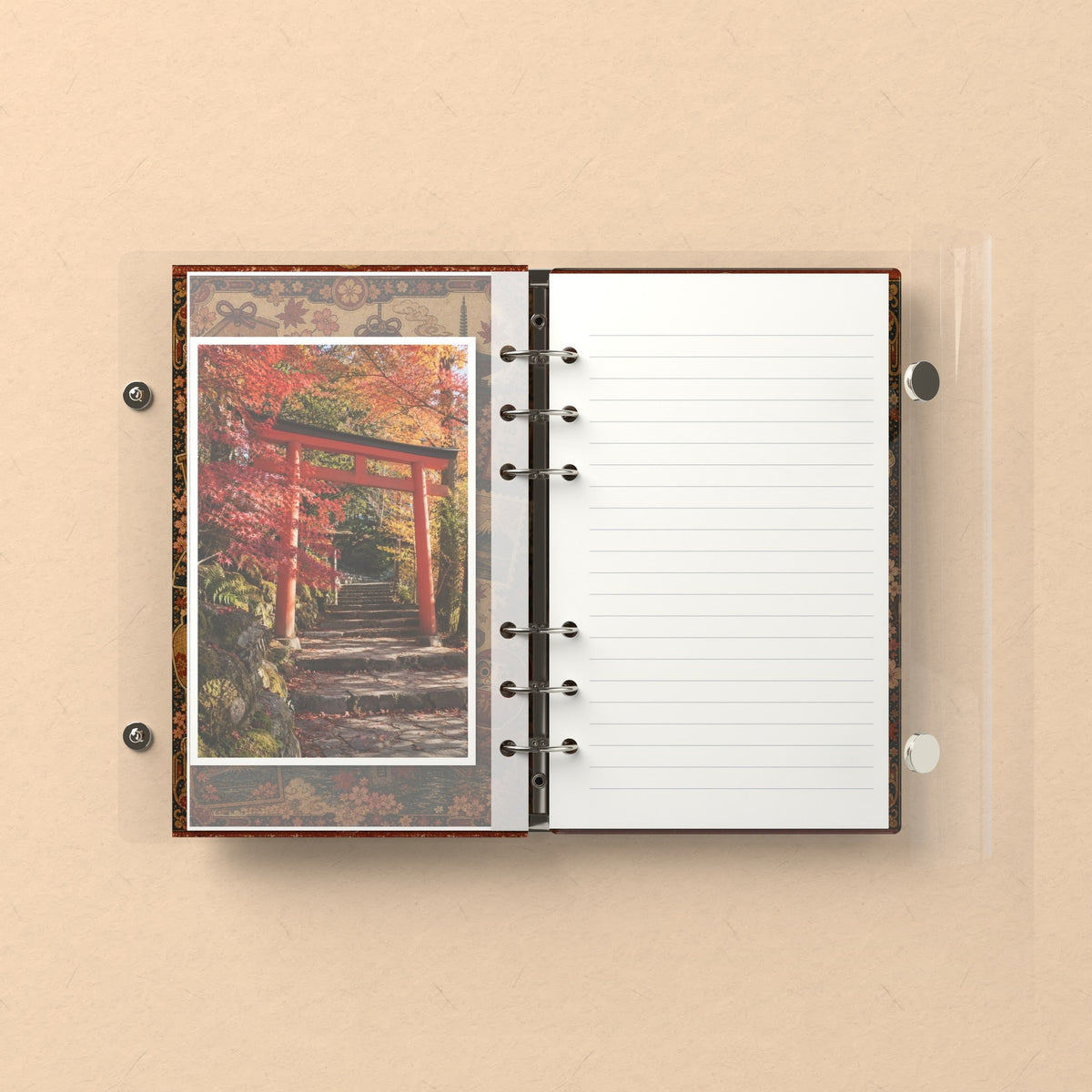 Inside: a photo sleeve and a lined refill page