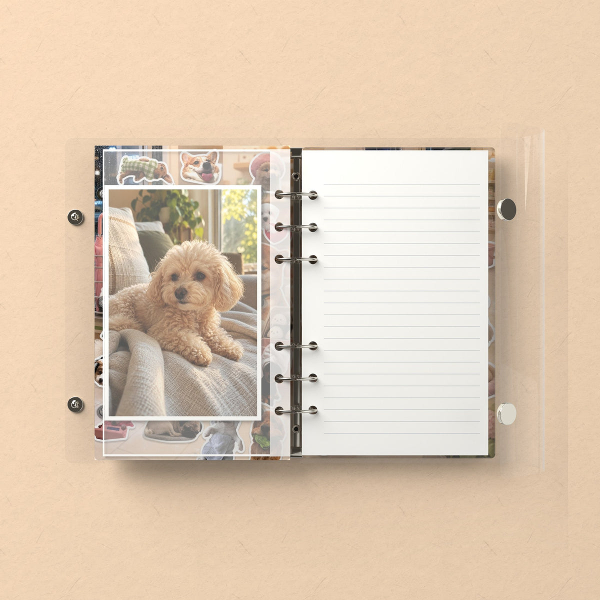 Inside: a photo sleeve and a lined refill page