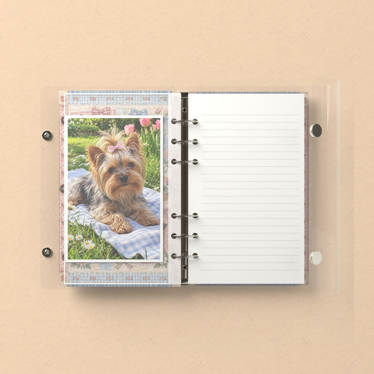 Inside: a photo sleeve and a lined refill page