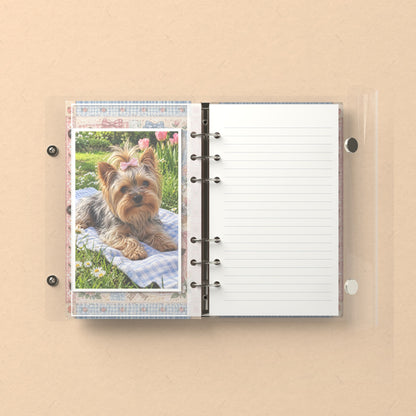 Inside: a photo sleeve and a lined refill page