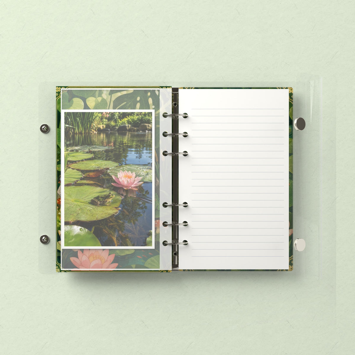 Inside: a photo sleeve and a lined refill page