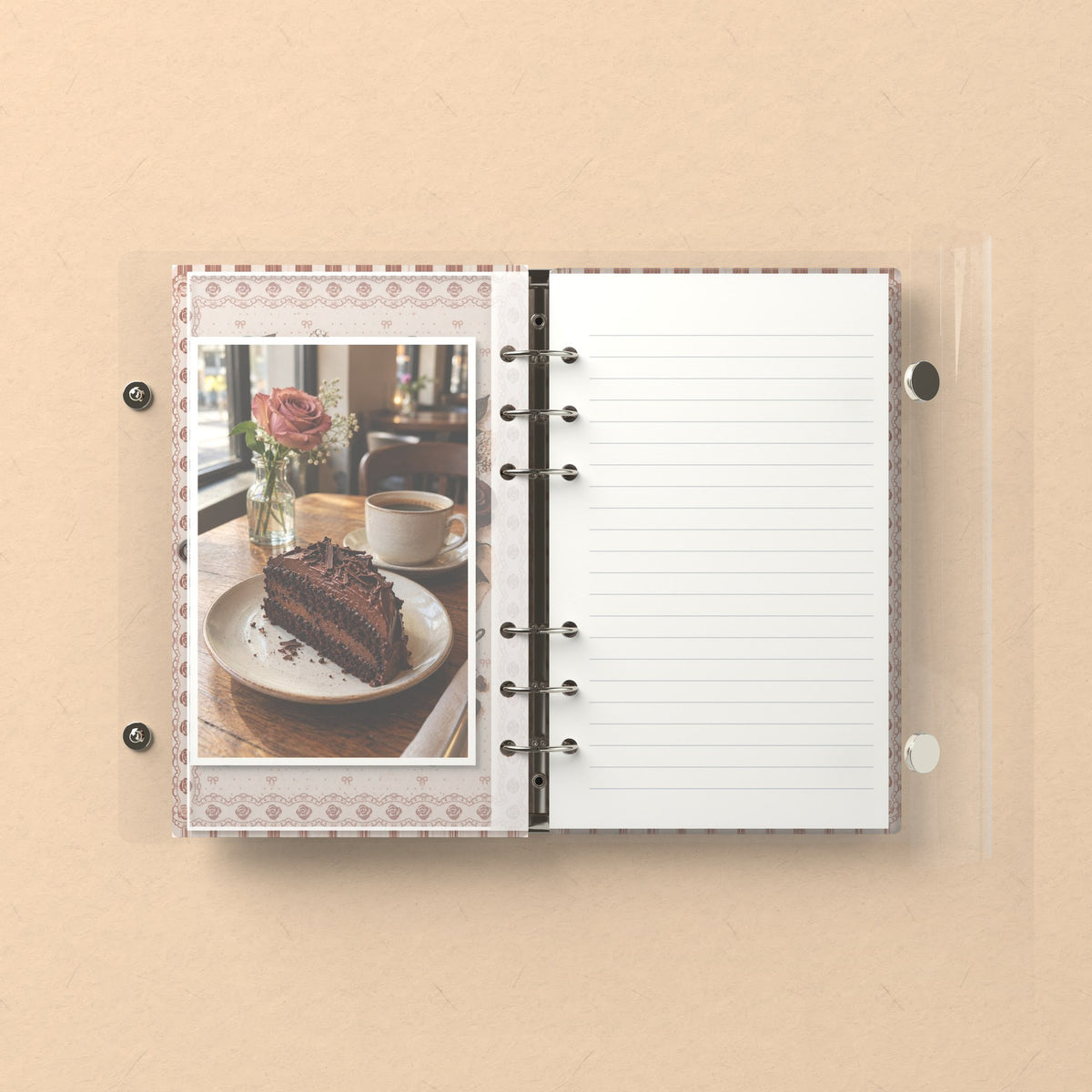 Inside: a photo sleeve and a lined refill page