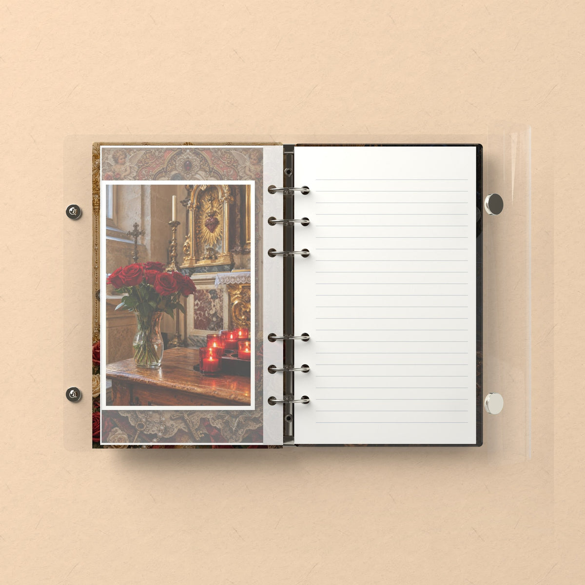 Inside: a photo sleeve and a lined refill page