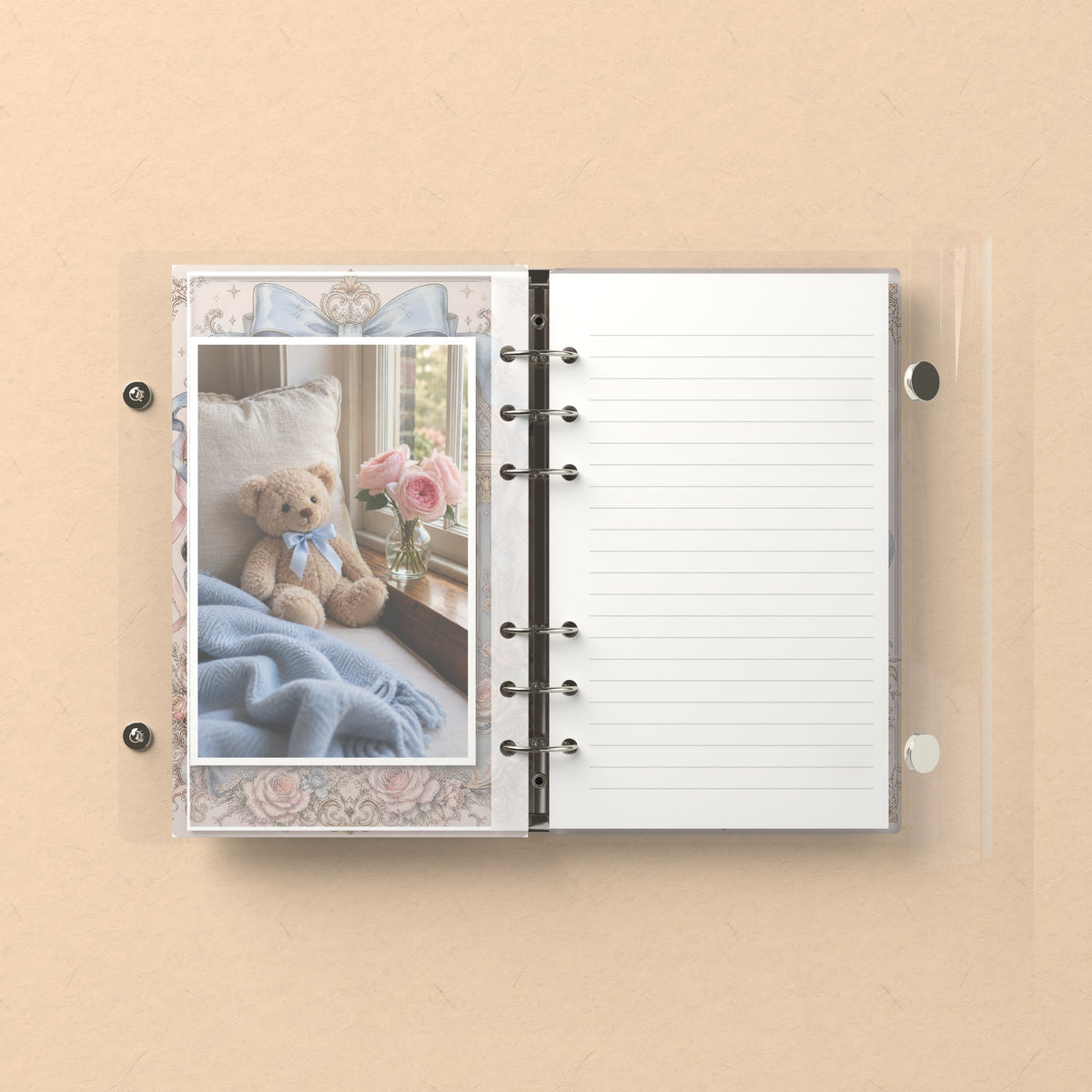 Inside: a photo sleeve and a lined refill page