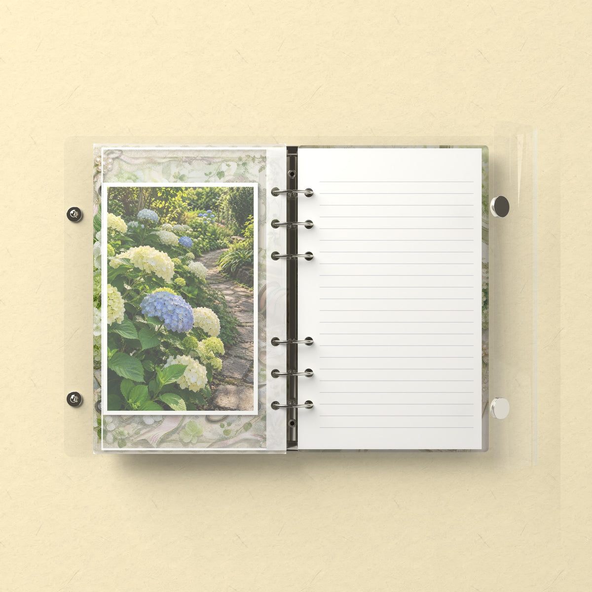 Inside: a photo sleeve and a lined refill page