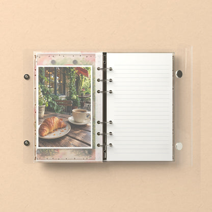 Inside: a photo sleeve and a lined refill page
