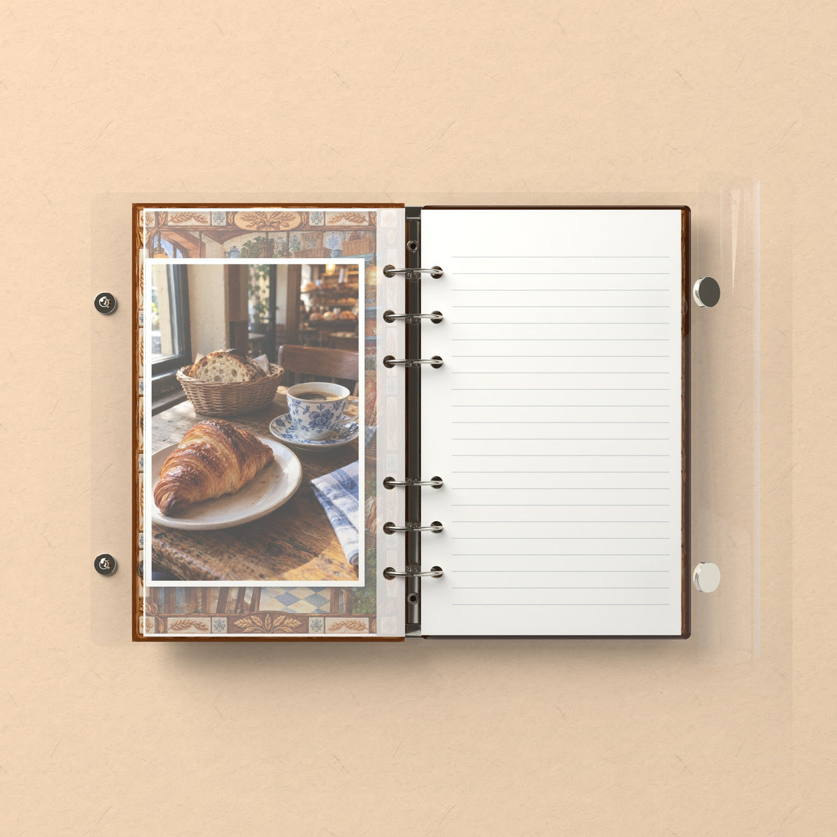 Inside: a photo sleeve and a lined refill page