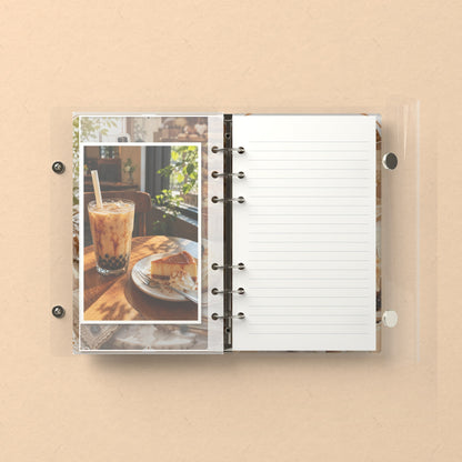 Inside: a photo sleeve and a lined refill page