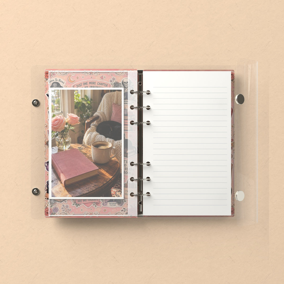 Inside: a photo sleeve and a lined refill page