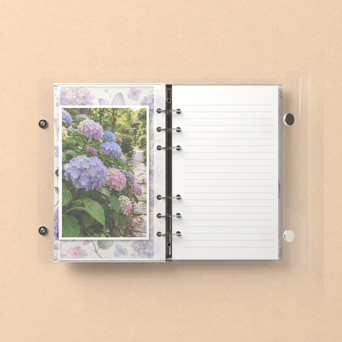 Inside: a photo sleeve and a lined refill page
