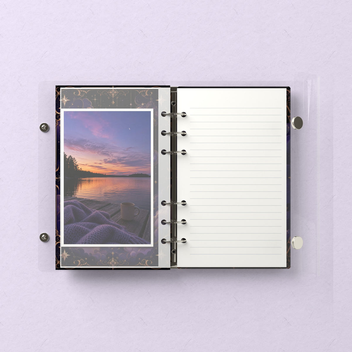 Inside: a photo sleeve and a lined refill page
