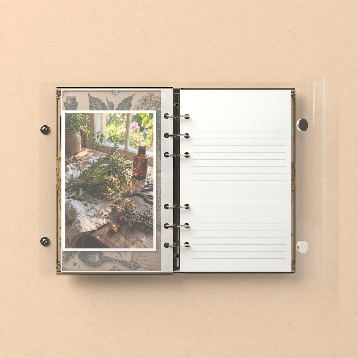 Inside: a photo sleeve and a lined refill page