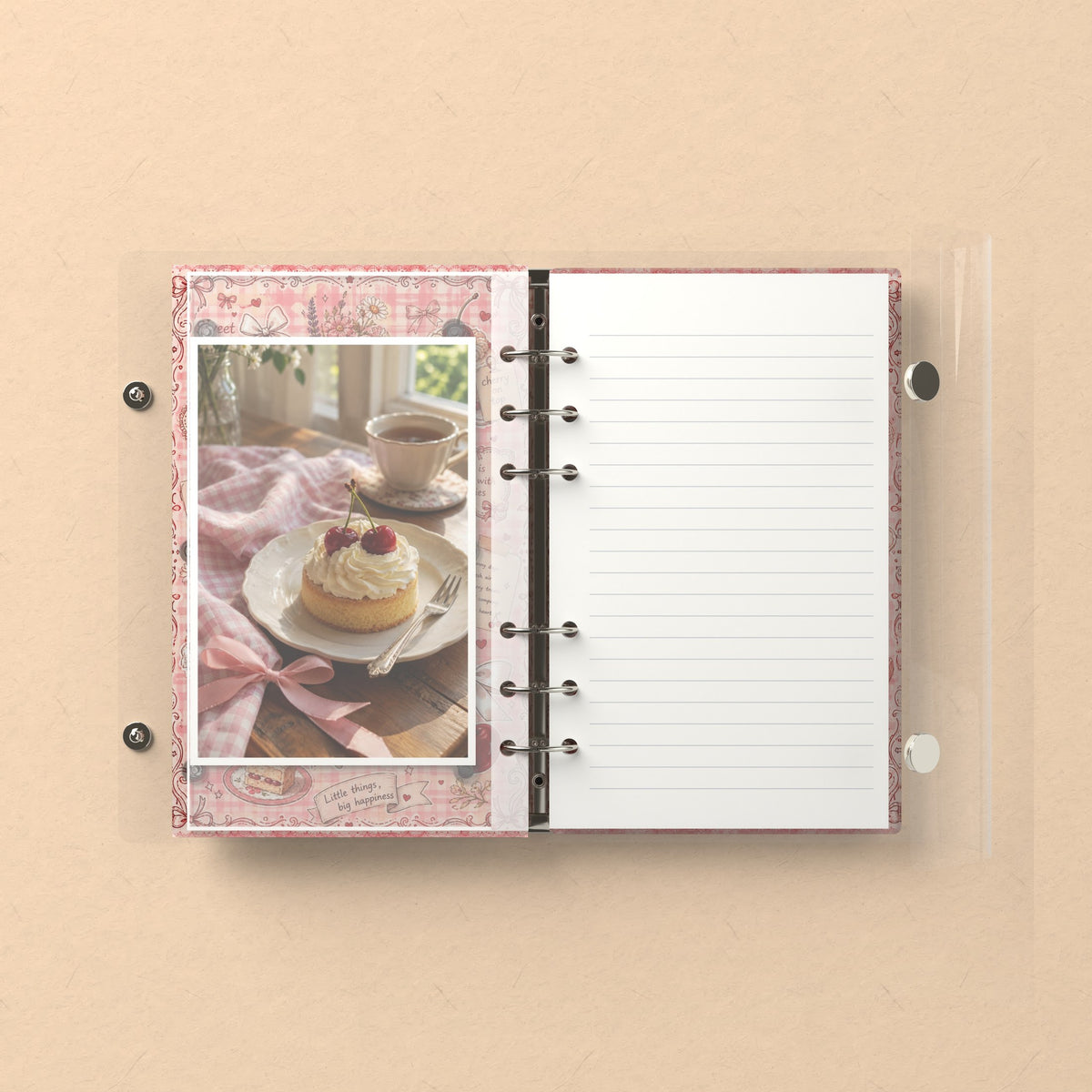 Inside: a photo sleeve and a lined refill page