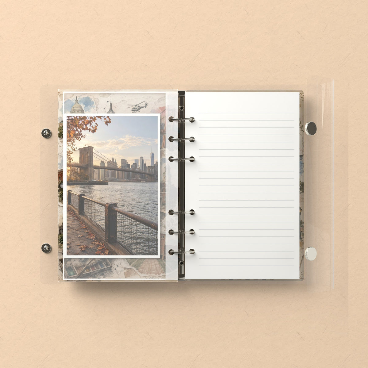 Inside: a photo sleeve and a lined refill page