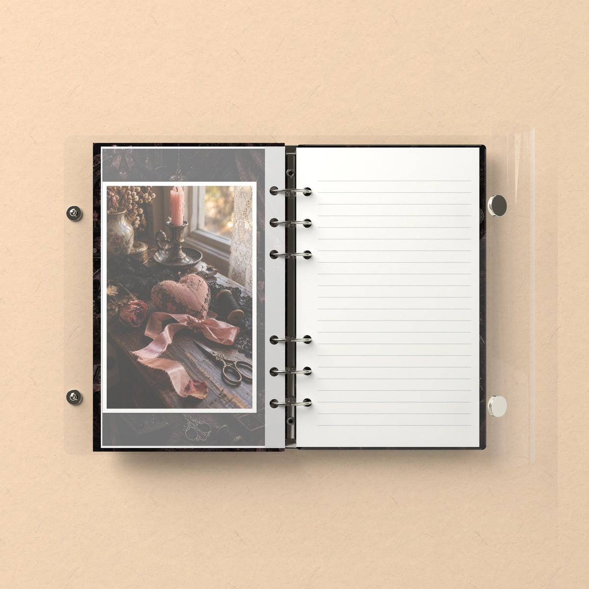 Inside: a photo sleeve and a lined refill page