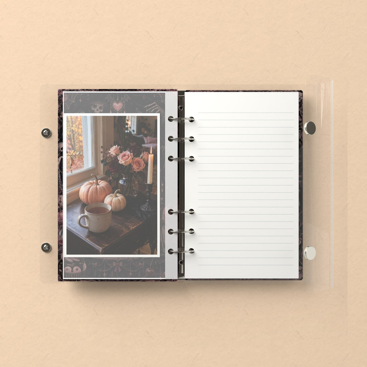 Inside: a photo sleeve and a lined refill page