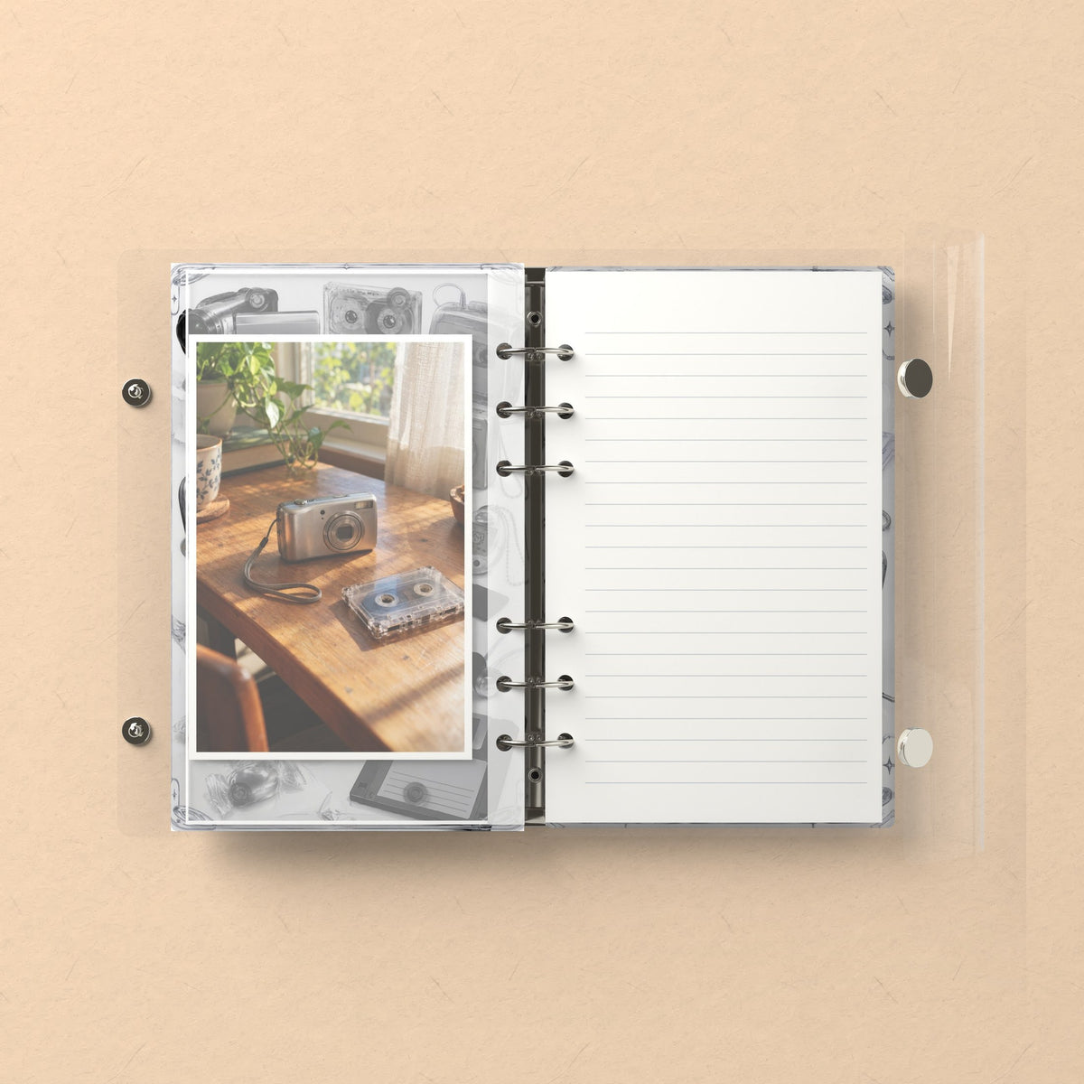 Inside: a photo sleeve and a lined refill page