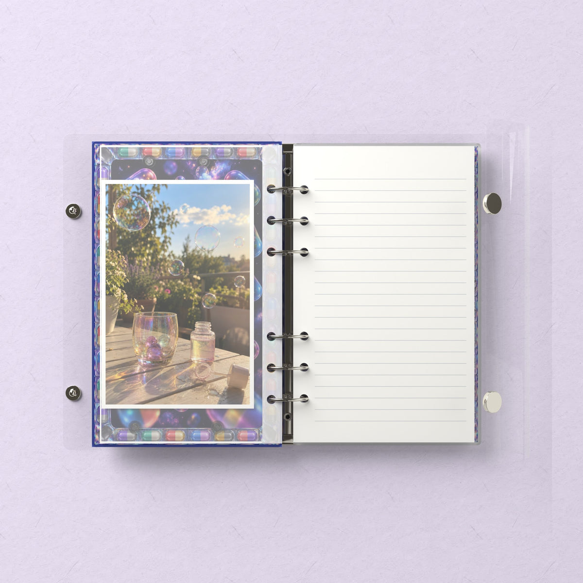Inside: a photo sleeve and a lined refill page
