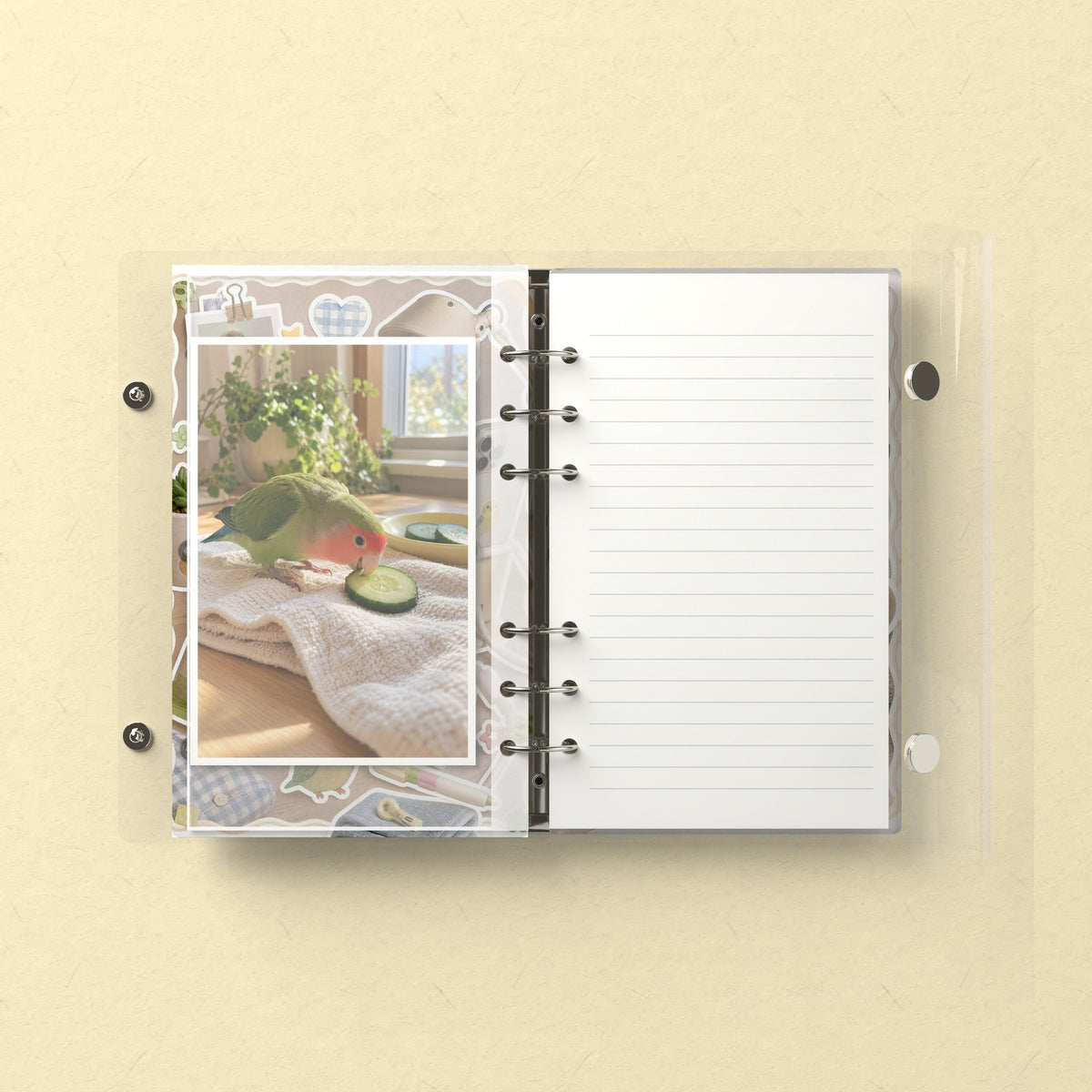 Inside: a photo sleeve and a lined refill page