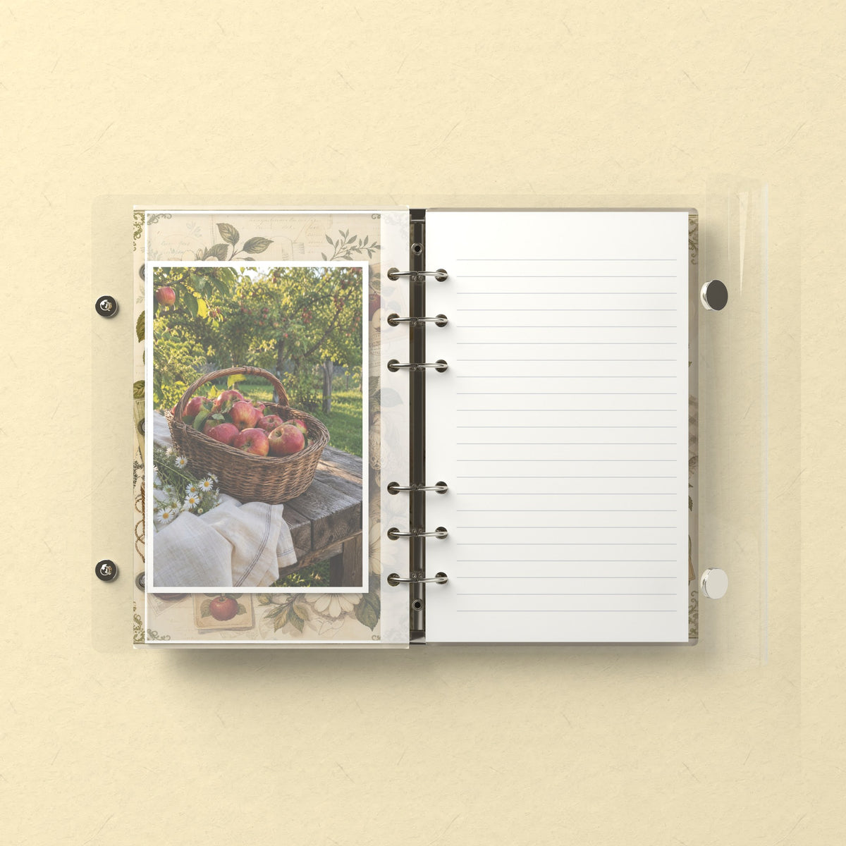 Inside: a photo sleeve and a lined refill page