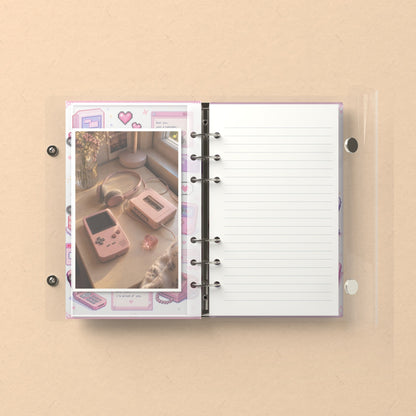 Inside: a photo sleeve and a lined refill page