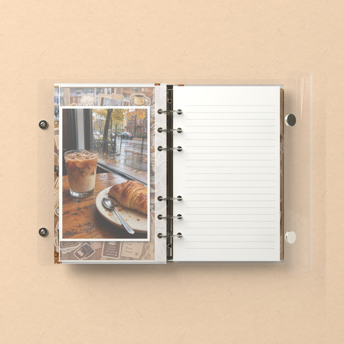 Inside: a photo sleeve and a lined refill page