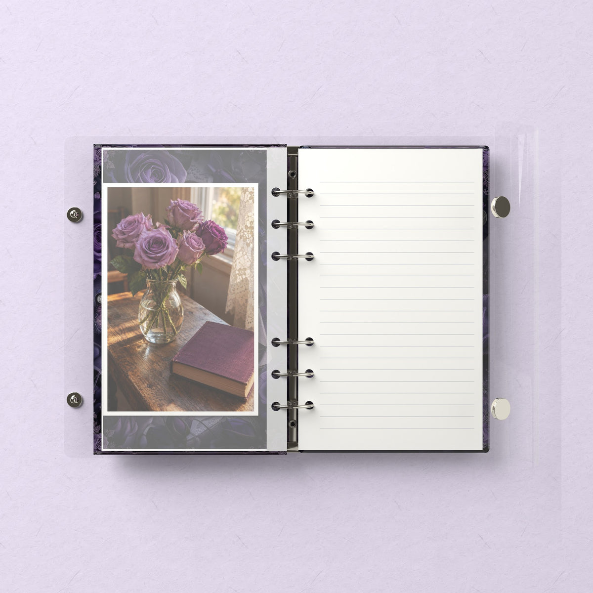Inside: a photo sleeve and a lined refill page