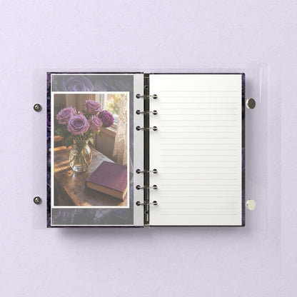 Inside: a photo sleeve and a lined refill page