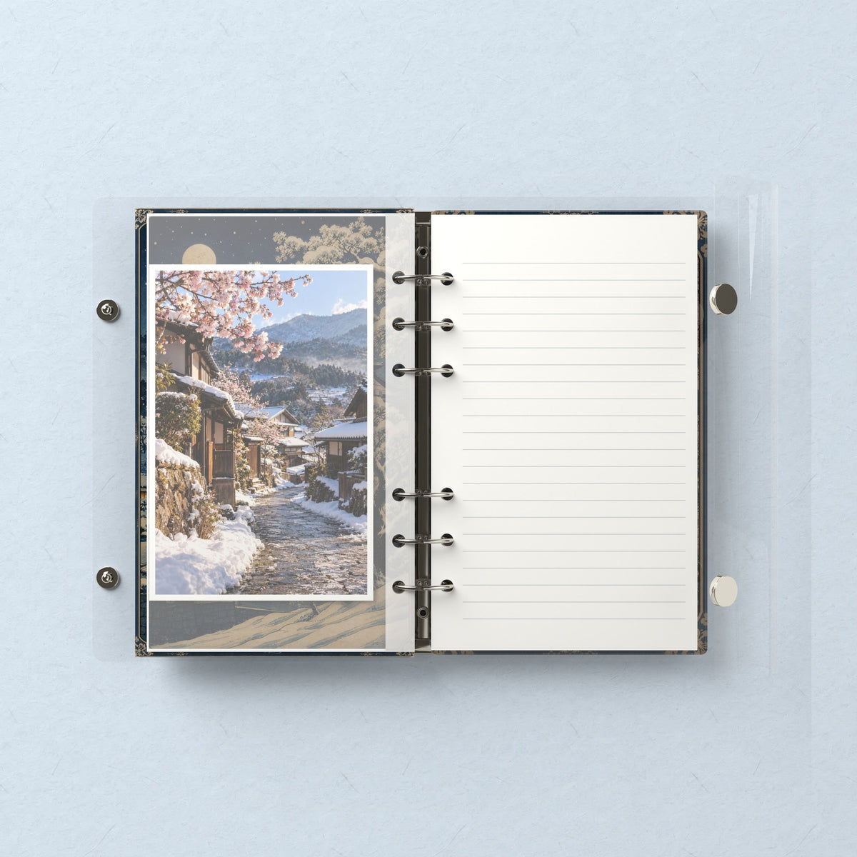 Inside: a photo sleeve and a lined refill page