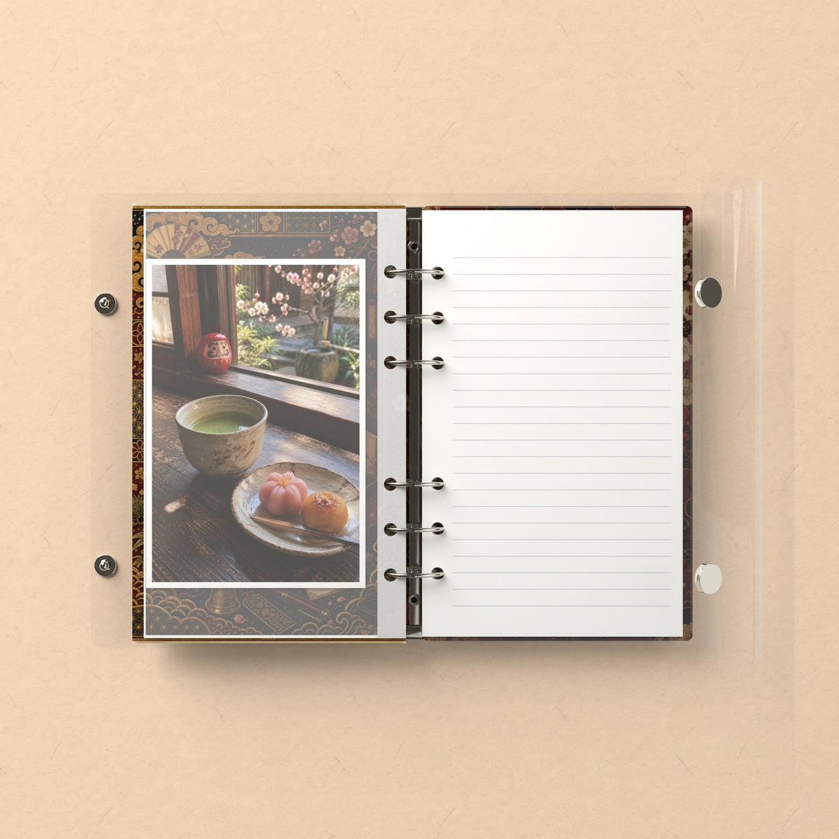 Inside: a photo sleeve and a lined refill page