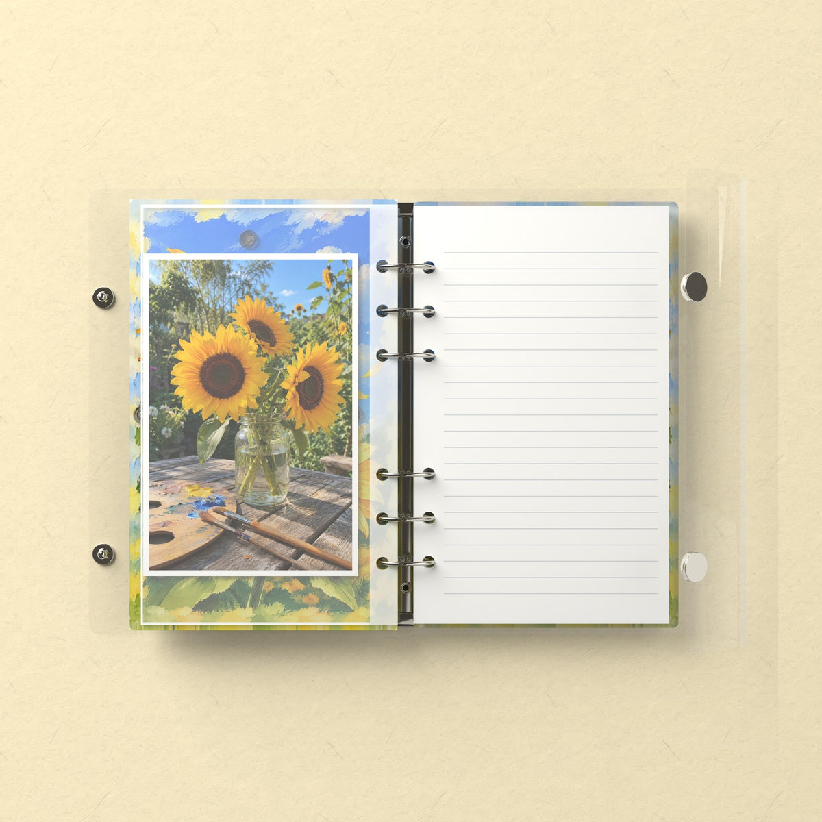 Inside: a photo sleeve and a lined refill page