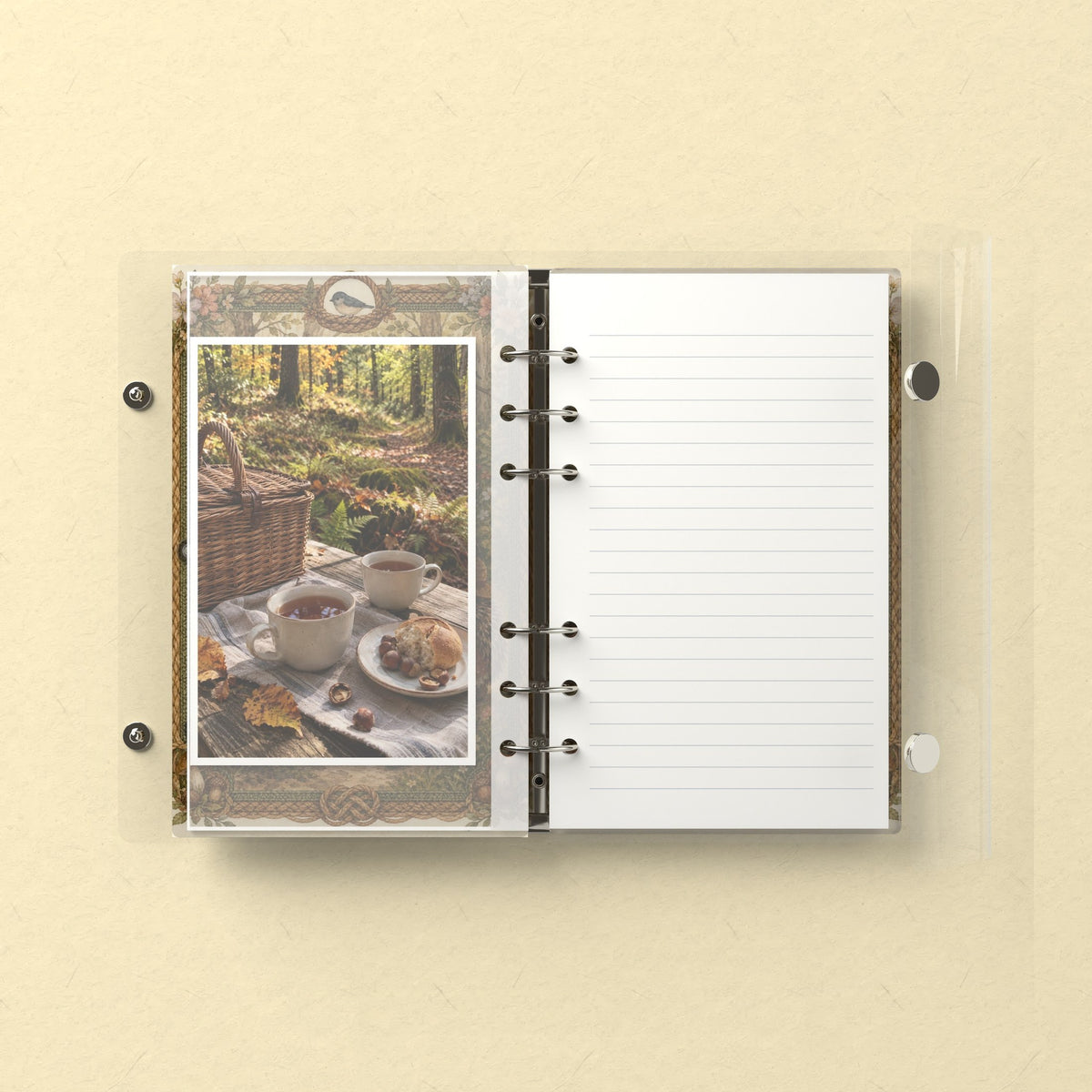Inside: a photo sleeve and a lined refill page