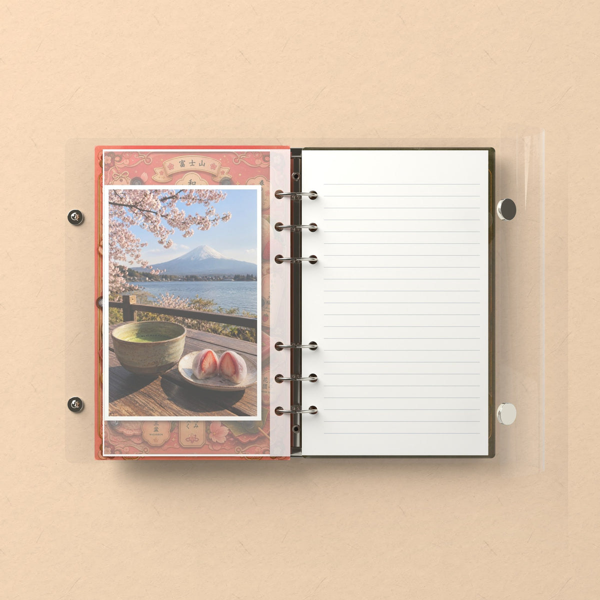 Inside: a photo sleeve and a lined refill page