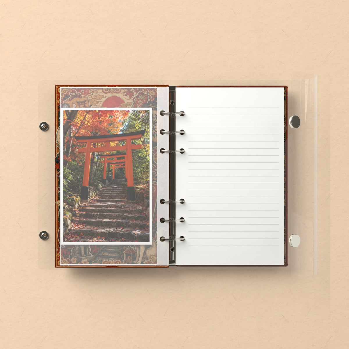 Inside: a photo sleeve and a lined refill page