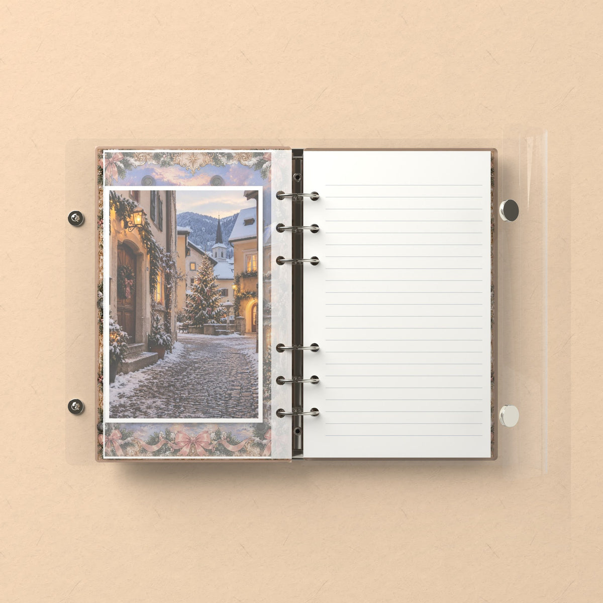 Inside: a photo sleeve and a lined refill page