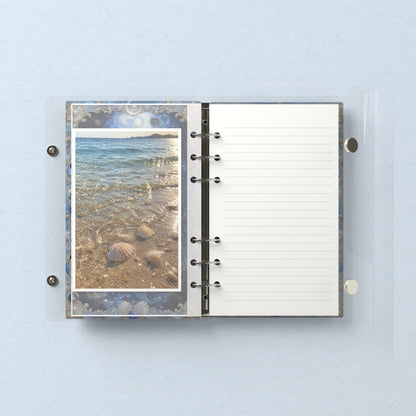 Inside: a photo sleeve and a lined refill page