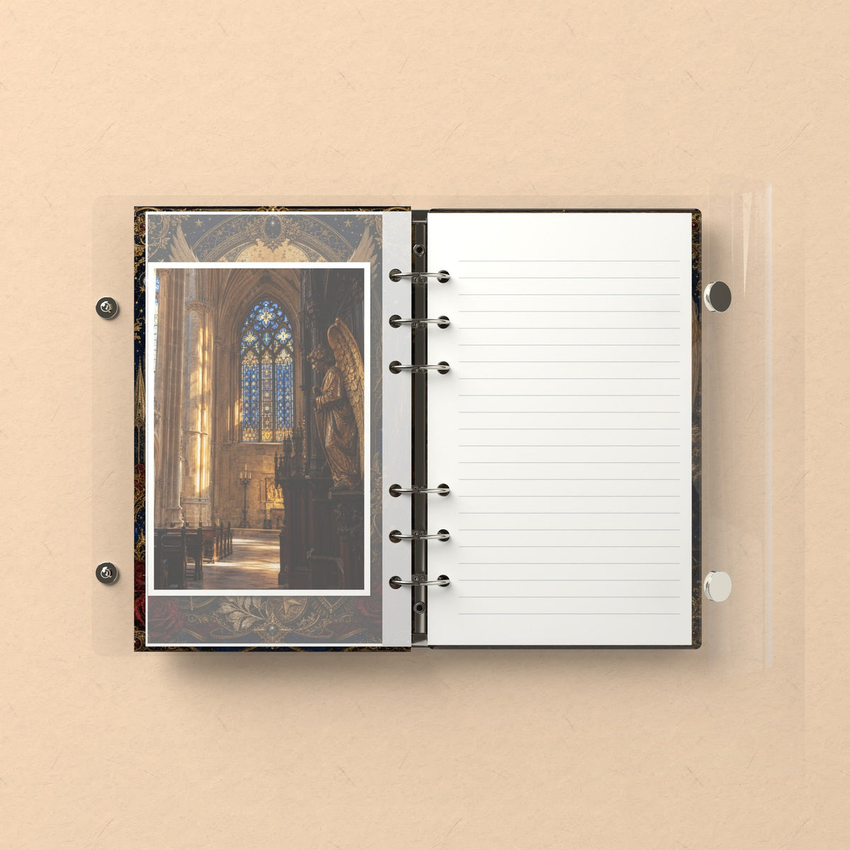 Inside: a photo sleeve and a lined refill page