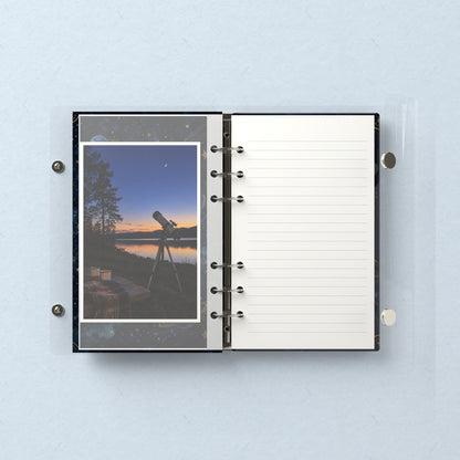 Inside: a photo sleeve and a lined refill page