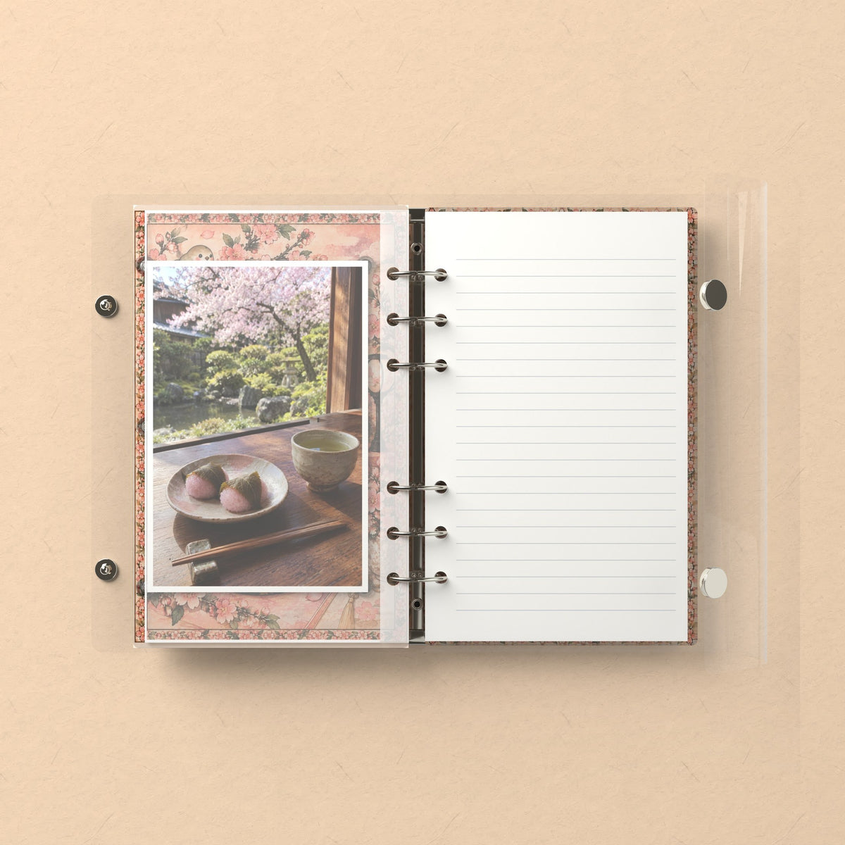 Inside: a photo sleeve and a lined refill page