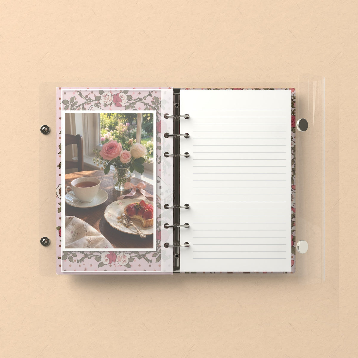 Inside: a photo sleeve and a lined refill page
