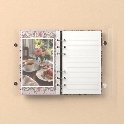 Inside: a photo sleeve and a lined refill page