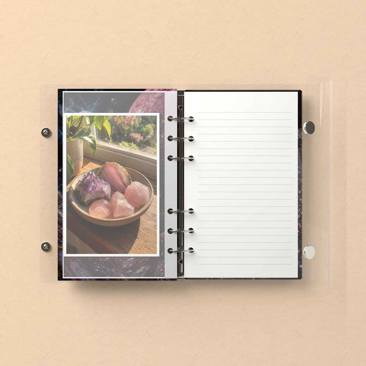 Inside: a photo sleeve and a lined refill page