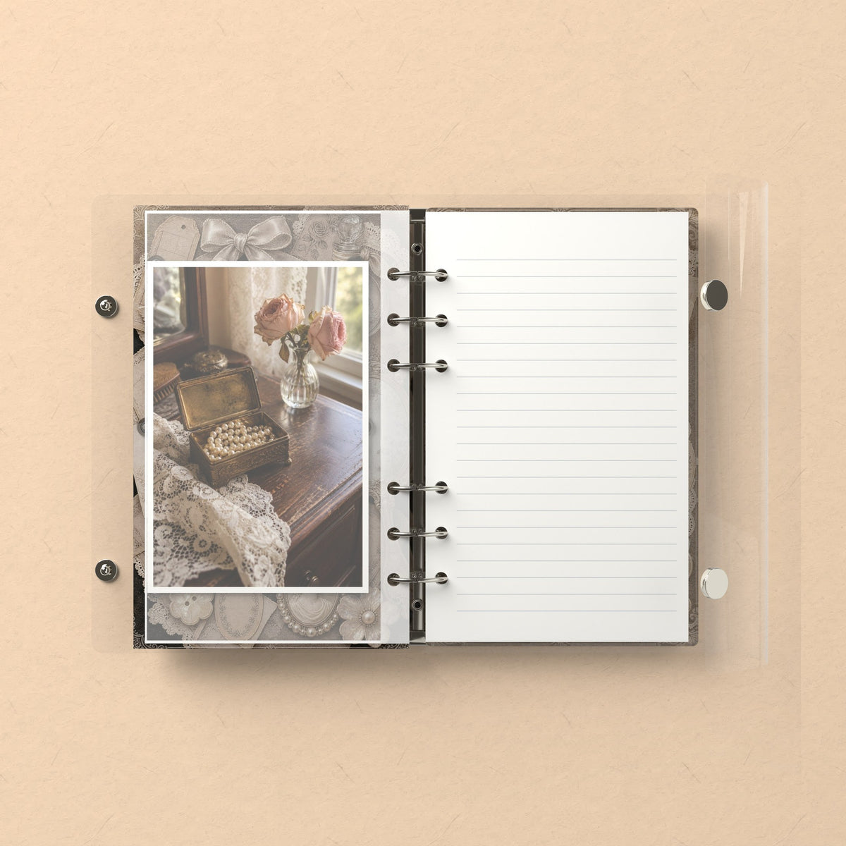 Inside: a photo sleeve and a lined refill page