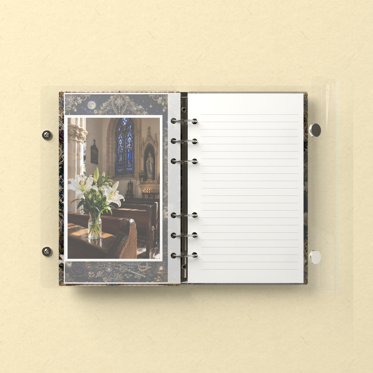 Inside: a photo sleeve and a lined refill page