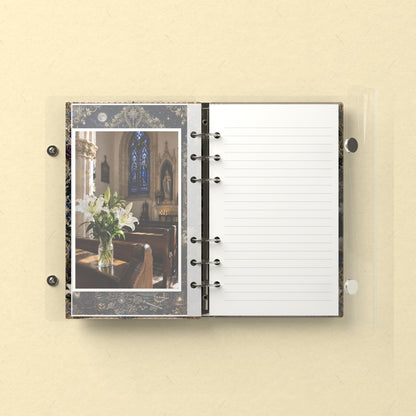 Inside: a photo sleeve and a lined refill page