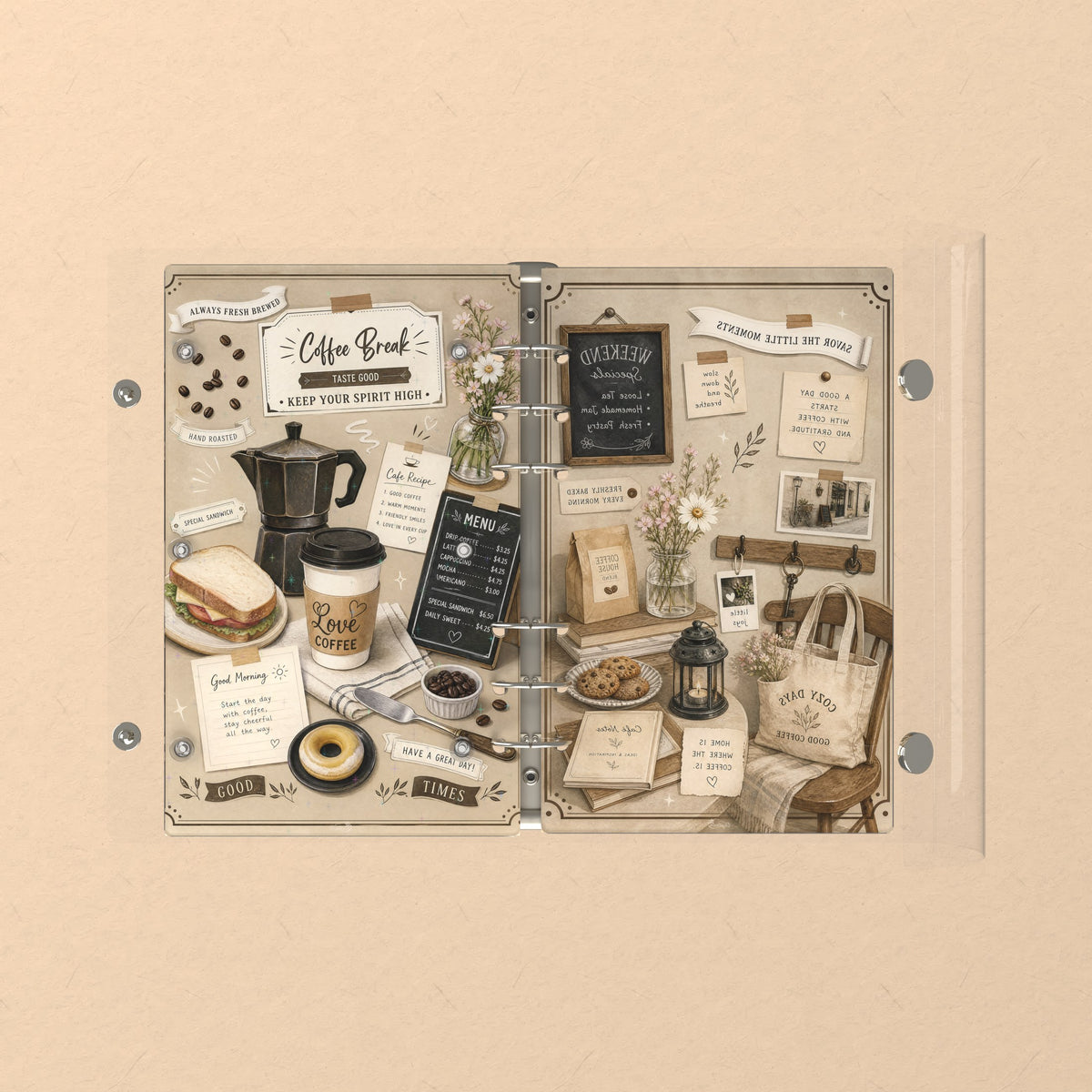 Opened flat: the inside of the front and back covers