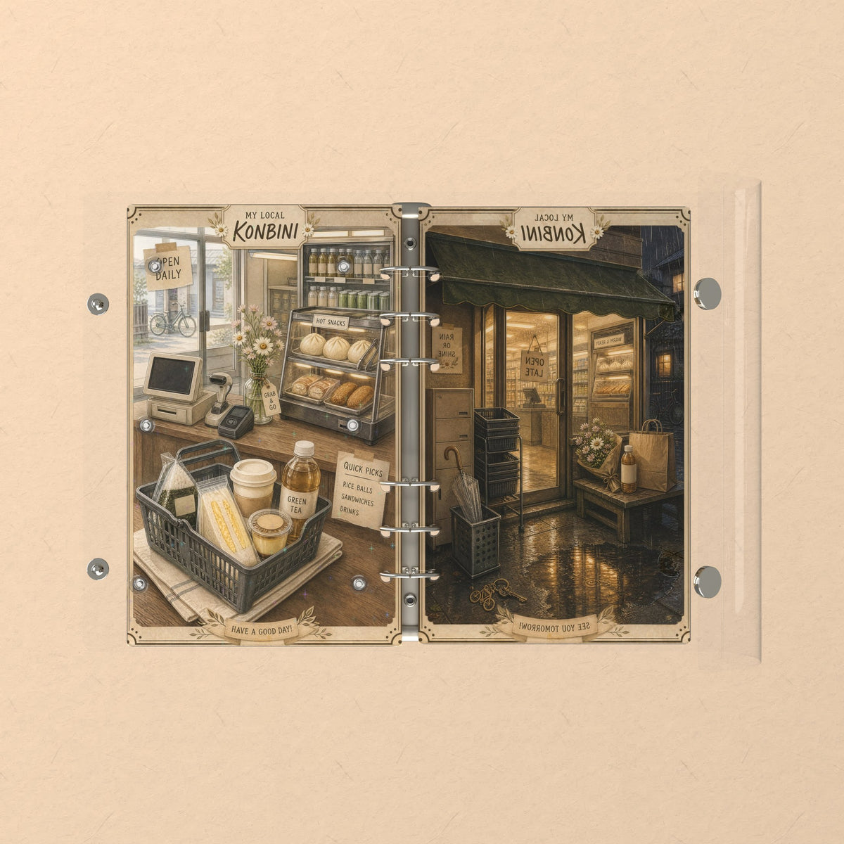 Opened flat: the inside of the front and back covers