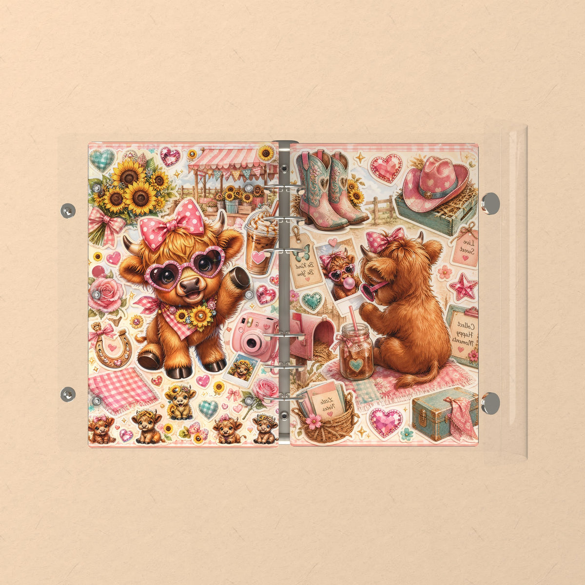 Opened flat: the inside of the front and back covers